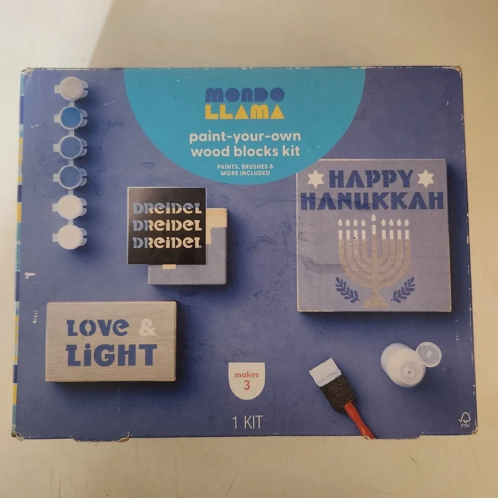 Mondo Llama Hanukkah Paint-Your-Own‎ Wood Blocks Kit Dreidel Menorah NEW
